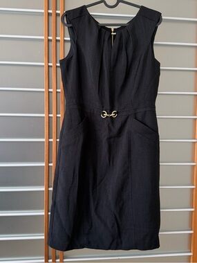 Ellen Tracy Black Sleeveless Midi Dress with Gold Hardware